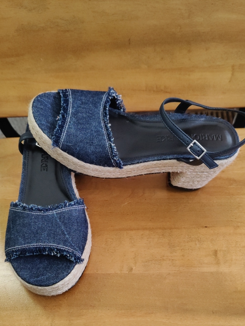 Marion Parke Frayed Denim Platform Espadrille Wedge Sandals Size 37